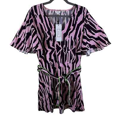 #ad RHODE NWT Tabitha Pink Black Zebra Print Belted Flutter Sleeve Mini Dress Size L $149.99