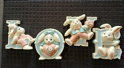 #ad Burwood Wall Decor LOVE Bunny Rabbits Nursery Girl Room Vintage 1992 Pink Blue $9.69