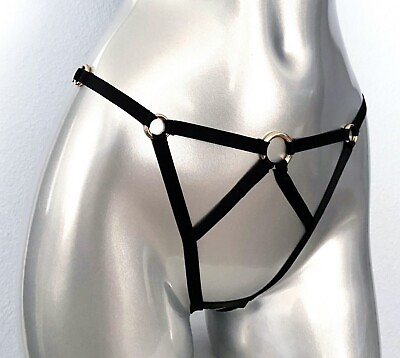 #ad NWT Victorias Secret Very Sexy Strappy Cage Cut Out Panty Black Gold Ring XL $11.99