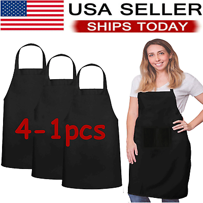 #ad Solid Cooking Kitchen Restaurant Bib Apron Unisex Dress Black with 2 Pocket 1 4 $9.98