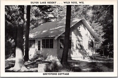 #ad 1950s WILD ROSE Wisconsin Postcard SILVER LAKE RESORT quot;Greystone Cottagequot; Kropp $5.60