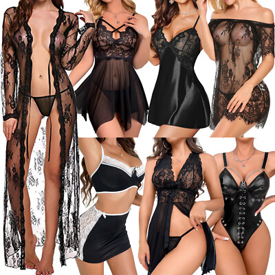 #ad Sexy Women Lingerie Black Lace Dress G string Underwear Babydoll Sleepwear Gift $4.99