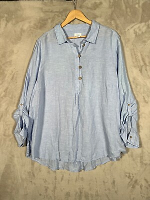 #ad Sigrid Olsen Linen Blouse Shirt Womens 2X Blue Roll Tab Sleeve $21.00