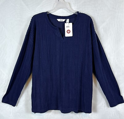 #ad NWT Denim amp; Co Ribbed V Neck Navy Blue Brushed Soft Sweater Medium $17.99
