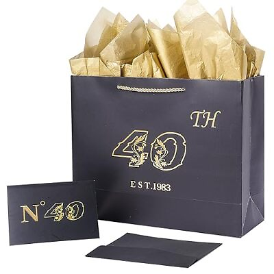 #ad Jaywayang 40th Birthday Black Large Gift Bag with Card and Tissue Paper Metallic $13.99