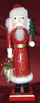 #ad UNIQUE 14quot; Wood Santa NUT CRACKER Red Coat w gold design Christmas Bag amp;Tree   $35.85