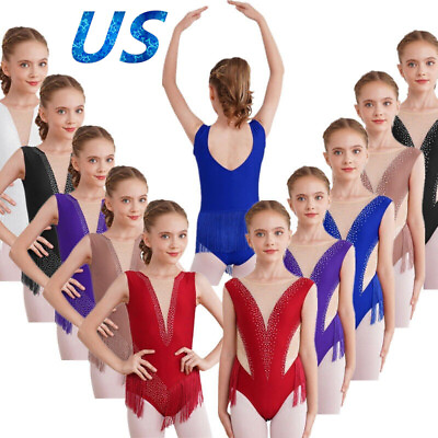 #ad US Kids Girls Rhinestone Ballet Latin Dance Leotard Skating Gymnastics Bodysuit $14.46