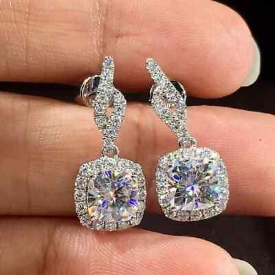 #ad Cushion Natural Moissanite Drop Dangle Woman#x27;s Earrings 14K White Gold Plated $132.99