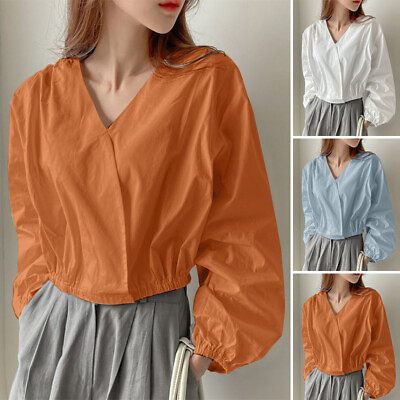 #ad S 5XL Women V Neck Long Sleeve Casual Loose Blouse OL Work Solid Shirt Tops Plus $17.09