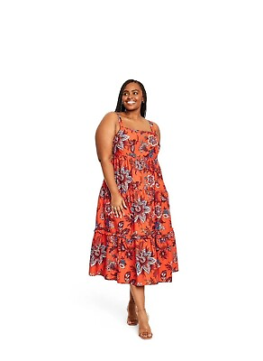 #ad RHODE Women#x27;s Plus Size Floral Print Tiered Midi Dress 2x Orange Tropical Cruise $15.99