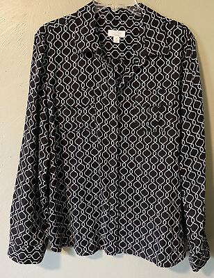#ad Charter Club Luxury Linen Black And White Geometric L S Button Down Blouse XL $20.00