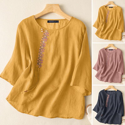 #ad S 5XL Women Floral Embroidery 3 4 Sleeve Cotton T Shirt Tops Casual Loose Blouse $16.14