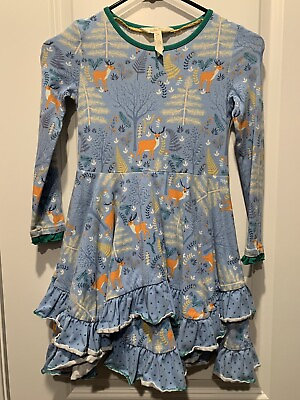 #ad Matilda Jane Dress 4 Girls Blue Deer Neck of the Woods Forest Animal Print twirl $45.00