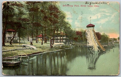 #ad Silver Lake Ohio 1915 Postcard Swimming Pool Water Slide $7.50