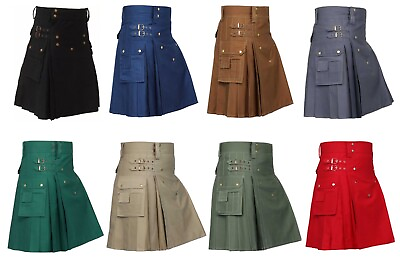 #ad Men#x27;s Scottish Fashionable Utility Kilt Handmade 100% Cotton Cargo Pockets Kilt $55.00
