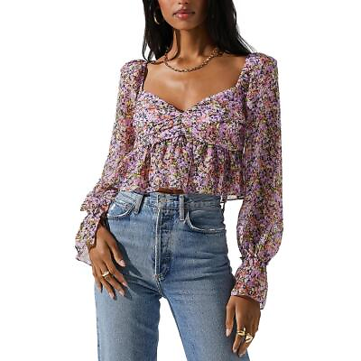 #ad ASTR the Label Womens Floral Print Ruffle Back Zip Cropped Shirt BHFO 0252 $39.20