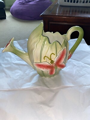 #ad Lg Majolica Pitcher 2004HH 2 Sided Butterfly Cabbage Water Pail Shaped Pitcher $34.99