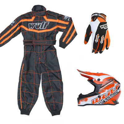 #ad Kids Wulfsport MX Motocross Overall Helmet amp; Glove Black Orange Set #PO8 GBP 92.99