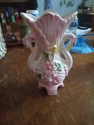 #ad Double Swan Footed Vase Made in Thailand 10quot; Tall Opalescent Shine Vintage  $25.00