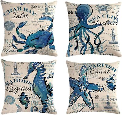 #ad 7COLORROOM 4pack Ocean Theme Throw Pillow Covers 18”×18” Sea Animals Beach 3 $31.39