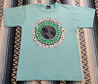 #ad Vtg 90#x27;s GIRL SCOUTS We Change The World Blue Single Stitch USA T Shirt Sz Small $14.99