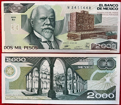 #ad Mexico Banknote 2000 Pesos AU UNC Paper Money Mexican bills Dos Mil Pesos RARE $7.98
