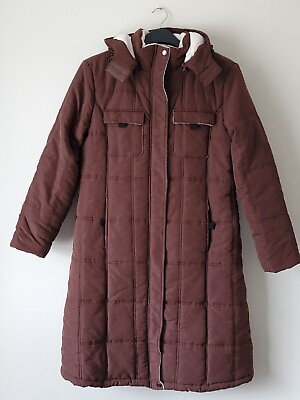 #ad COTTON TRADERS Long Brown Padded Coat Size Uk 14 Fleece Hood Pockets Vgc GBP 30.00