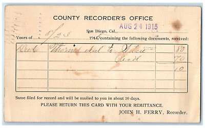 #ad 1915 County Recorder#x27;s Office San Diego California CA Posted Postal Card $14.98