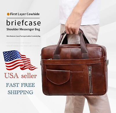 #ad Genuine First Cowhide Leather Men#x27;s Briefcase Shoulder Messenger Laptop Bag $49.90