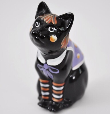 #ad FENTON Black Glass Cat Painted in Halloween Clothing Signed S Waters $216.00
