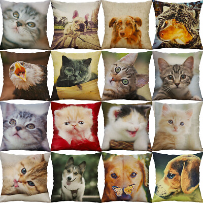 #ad 18quot; Dog Cat Print Cotton Linen Pillow Case Sofa Cushion Cover Throw Home Decor $3.99