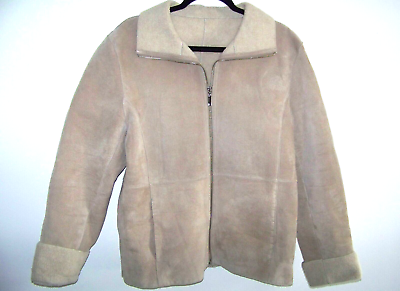 #ad New York and Company Tan SUEDE Western Zip Up Jacket Women L Faux Sherpa Lining $16.97