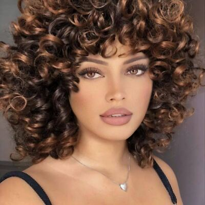 #ad Short Loose Curly Wigs for Black Women Ombre Wig with Bangs Brown with Black Wig $16.91