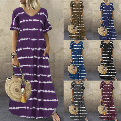 #ad Plus Size Womens Tie Dye Long Maxi Dress Short Sleeve Baggy Kaftan Shirt Dresses $23.02