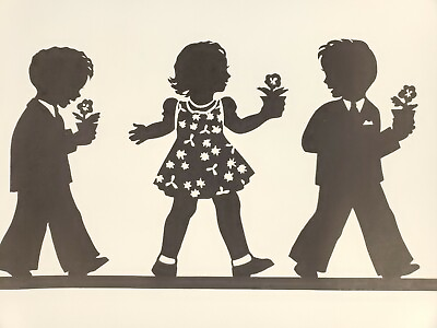 #ad Vtg 1950s Gedge Harmon Silhouettes Poster Print Kids Carrying Flowers 17x23 $82.39