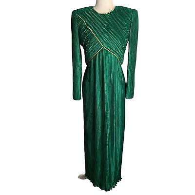#ad Vintage 80s George F Couture Evening Dress S Green Accordion Pleats Designer Zip $122.50