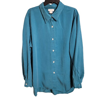 #ad Soft Surroundings Sz 2X Tencel Teal Green Blue Long Sleeve Button Shirt $16.99