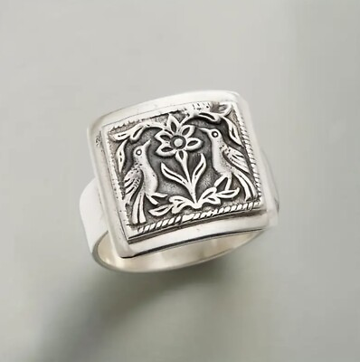 #ad Brighton Museum Ring Size 9 Silver Plated Bird Flower Boho Ethnic Square Vintage $24.87
