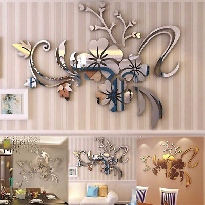 #ad 3D Mirror Floral Art Removable Wall Sticker Acrylic Mural Decal Home Room Decors $8.59