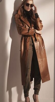 #ad Halloween Brown Women Trench Coat Leather Lambskin Formal Party Fashionable $195.00