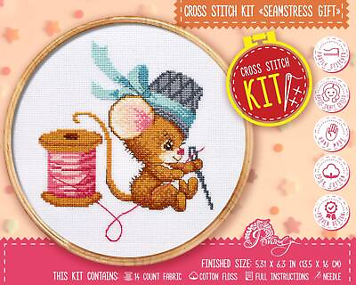 #ad Seamstress Mouse Cross Stitch Kit Easy Counted Pattern DIY Beginners Embroidery $16.90