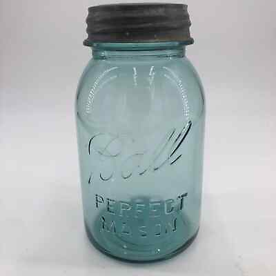 #ad Vintage Ball Blue Glass Perfect Mason Canning Jar 1 Quart with Zinc Lid #6 $11.48