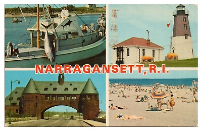 #ad Narragansett Rhode Island Postcard 4 Views Pt Judith Lighthouse Tuna Tourney $5.00