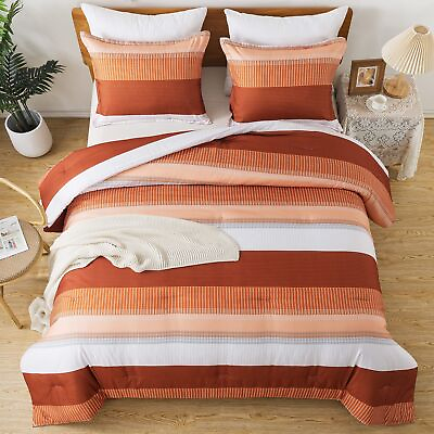 #ad Burnt Orange King Bed Comforter Set 3 Pieces Boho Terracotta Stripe Colorblo... $78.80
