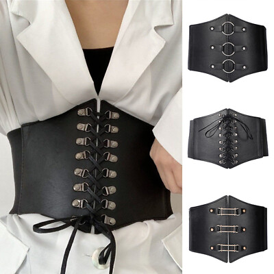 #ad Ladies Waist Belts Wide Waistband Elastic Buckle PU Leather Corset Stretch = C $8.60