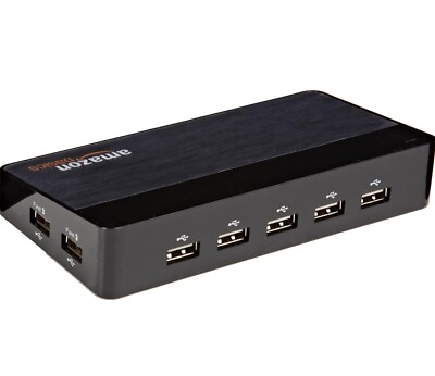 #ad Amazon Basics 10 Port USB 2.0 Hub Multi Port Adapter Black Gray Gloss Finish $12.34