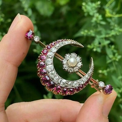 #ad 3Ct Round Lab Created Pink Ruby Moon Women Brooch 14K Yellow Gold Plated Silver $149.99
