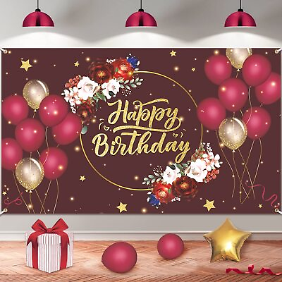 #ad Burgundy Gold Happy Birthday Backdrop Banner Floral Photography Background fo... $15.05