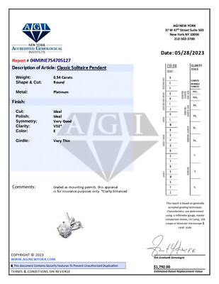 #ad 0.54ct E VS2 Round Natural Certified Diamond Platinum Classic Solitaire Pendant $978.80
