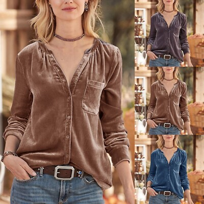 #ad Women Retro Velvet Long Sleeve Button Down Shirt Solid Color BlouseTops V neck $30.01
